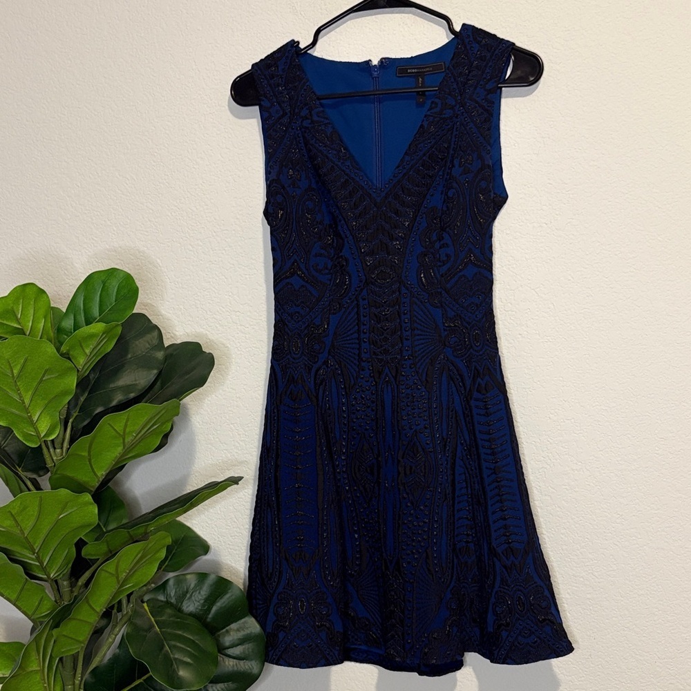 BCBGMaxAzria Royal Blue Baroque textured Mini Dress 0